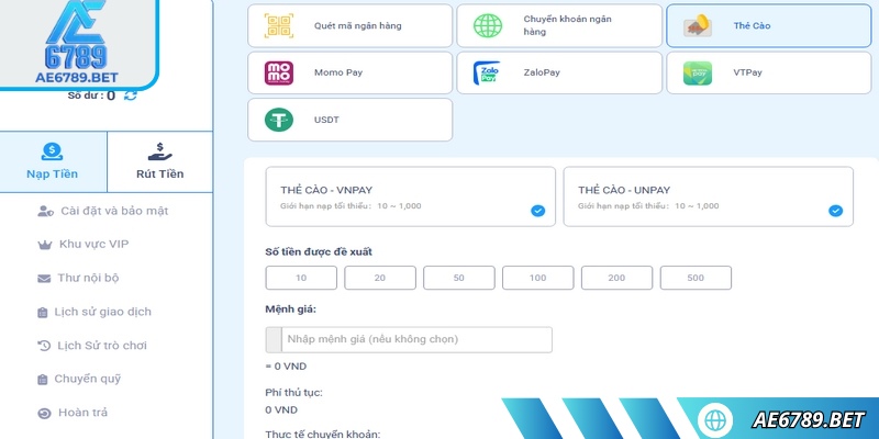 Nạp Rút Tiền ae6789 3 Nhà cái quy định rõ mức tối thiểu và tối đa